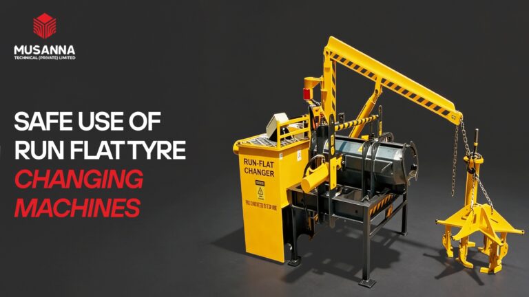 Run flat tyre changing machine designed for safe handling of heavy run flat tyres used on MRAP and armoured vehicles in defence workshops
